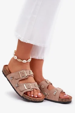 Discount Boto Klapki Damskie Na Korkowej Podeszwie Z Klamrami I Przypinkami Khaki Efadelis