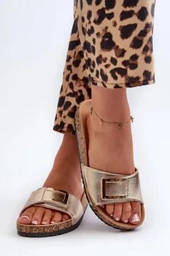 New Boto Klapki Damskie Na Korkowej Platformie Z Ozdobą Złote Elleriome