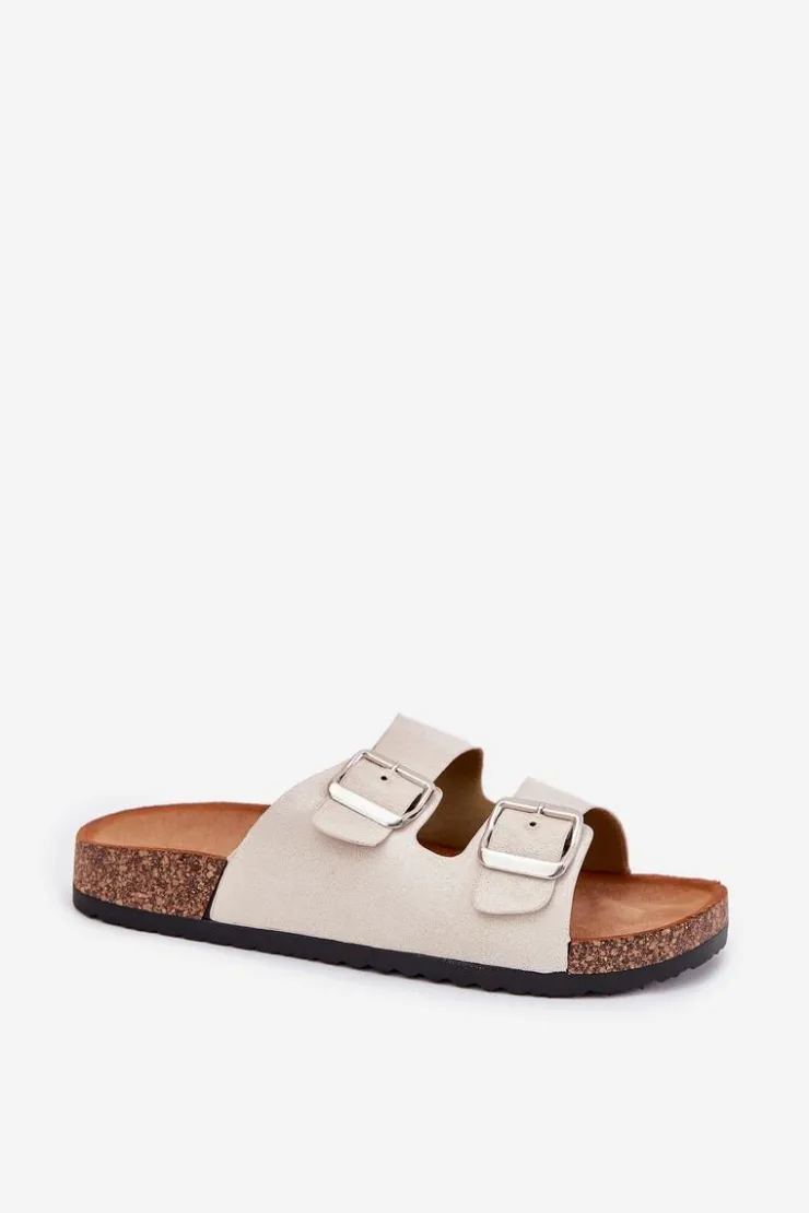 Discount Boto Klapki Damskie Na Korkowej Platformie Z Klamrami Beżowe Livara