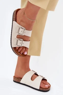 Discount Boto Klapki Damskie Na Korkowej Platformie Z Klamrami Beżowe Livara