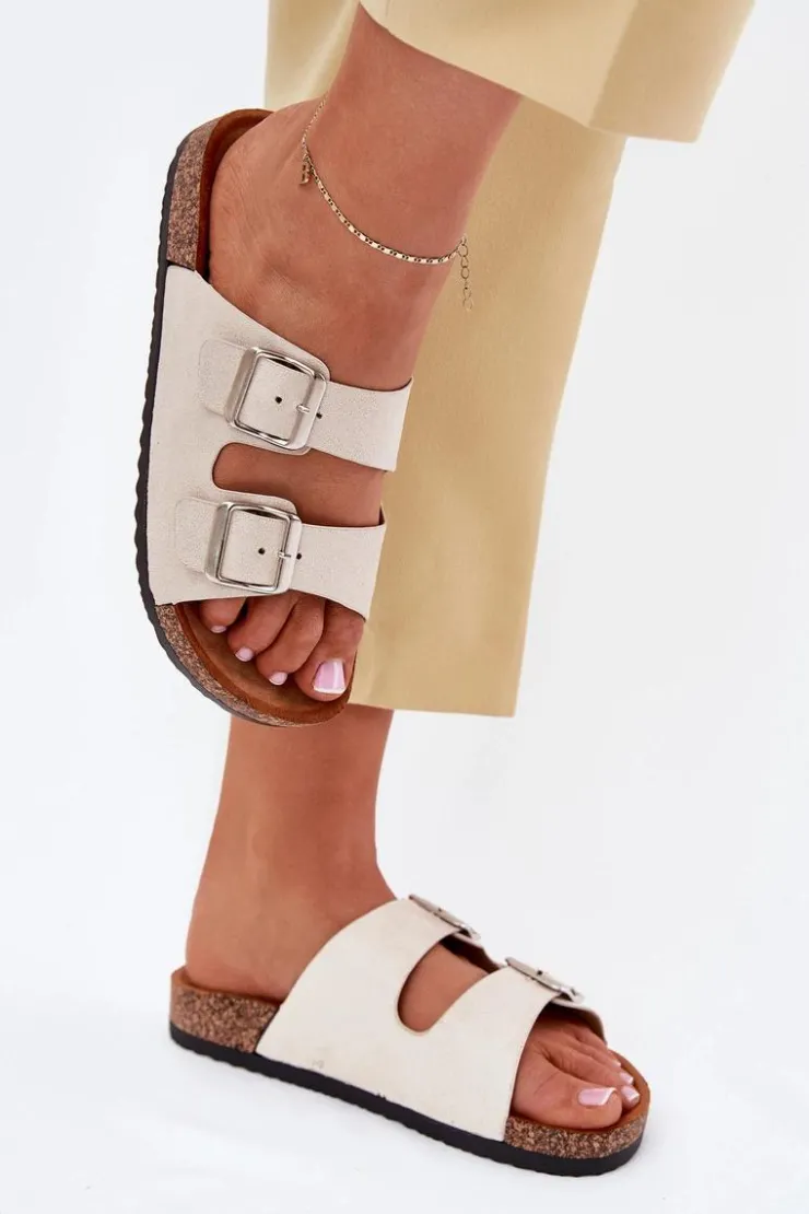 Discount Boto Klapki Damskie Na Korkowej Platformie Z Klamrami Beżowe Livara