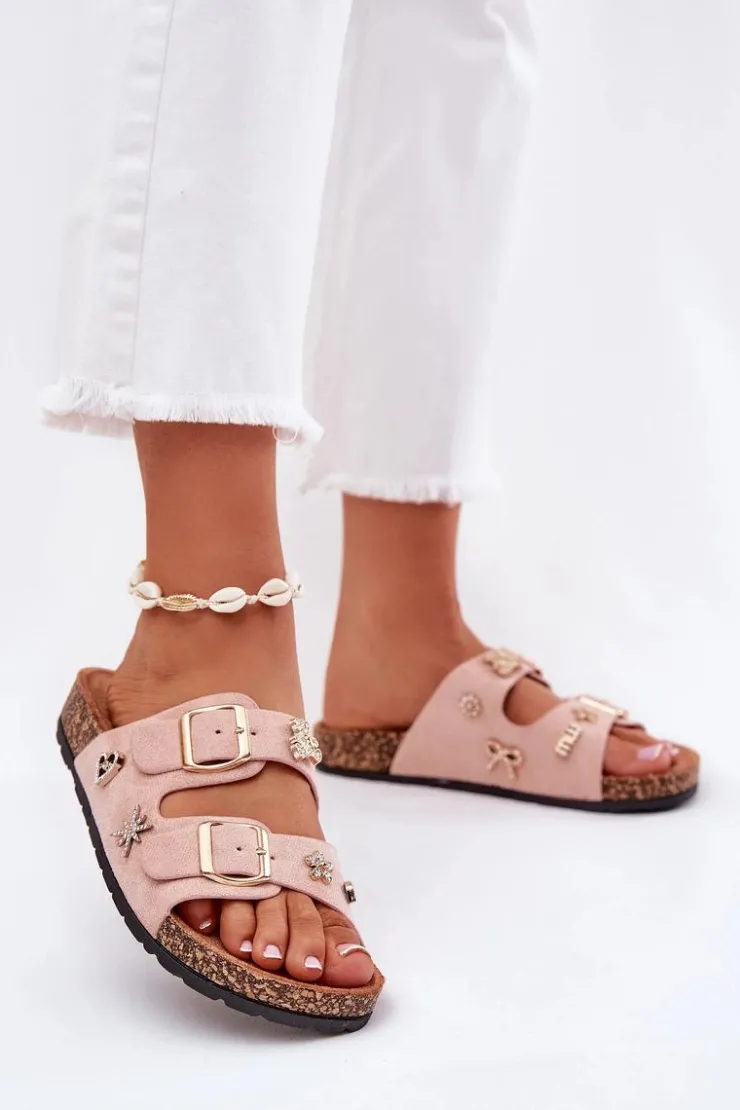 New Boto Klapki Damskie Na Korkowej Podeszwie Z Klamrami I Przypinkami Jasnoróżowe Efadelis Różowy