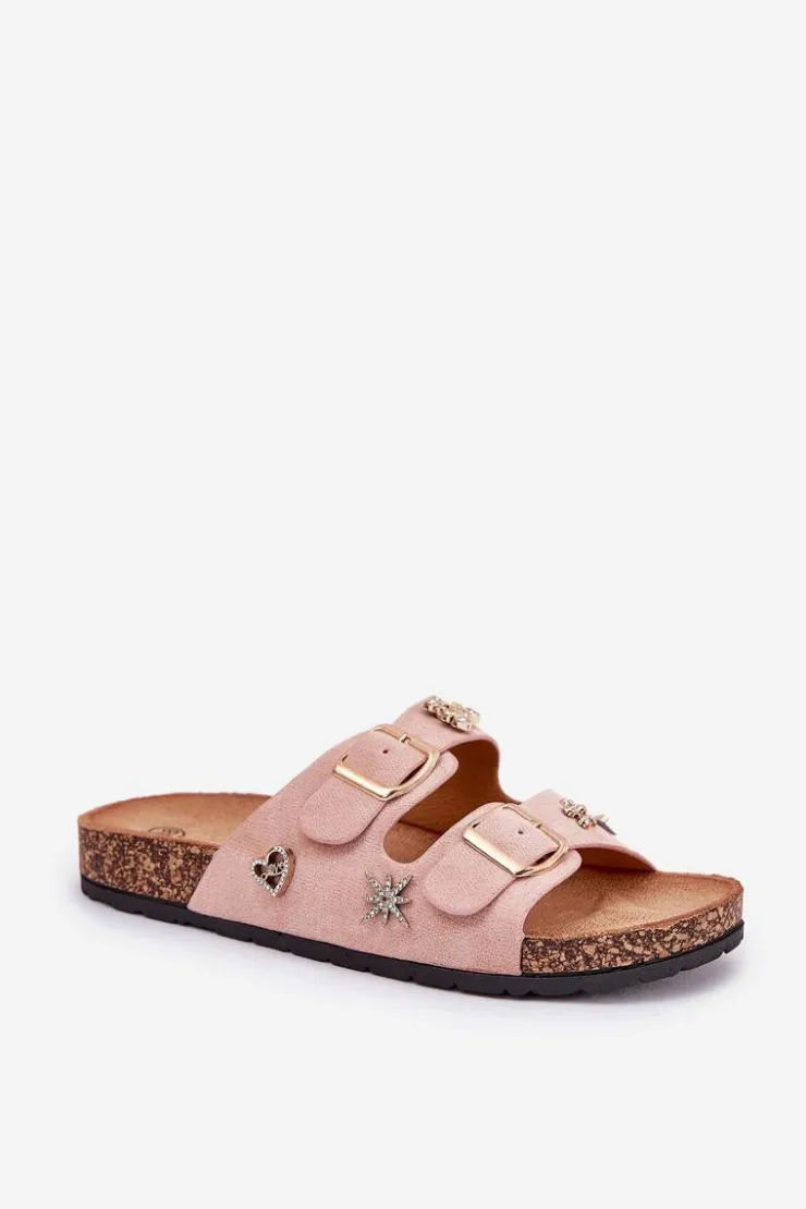 New Boto Klapki Damskie Na Korkowej Podeszwie Z Klamrami I Przypinkami Jasnoróżowe Efadelis Różowy