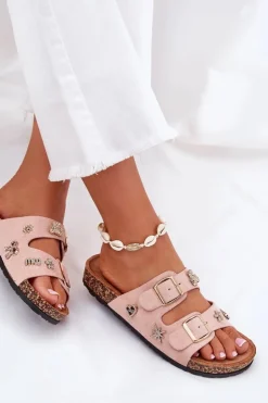 New Boto Klapki Damskie Na Korkowej Podeszwie Z Klamrami I Przypinkami Jasnoróżowe Efadelis Różowy