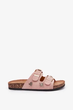 New Boto Klapki Damskie Na Korkowej Podeszwie Z Klamrami I Przypinkami Jasnoróżowe Efadelis Różowy