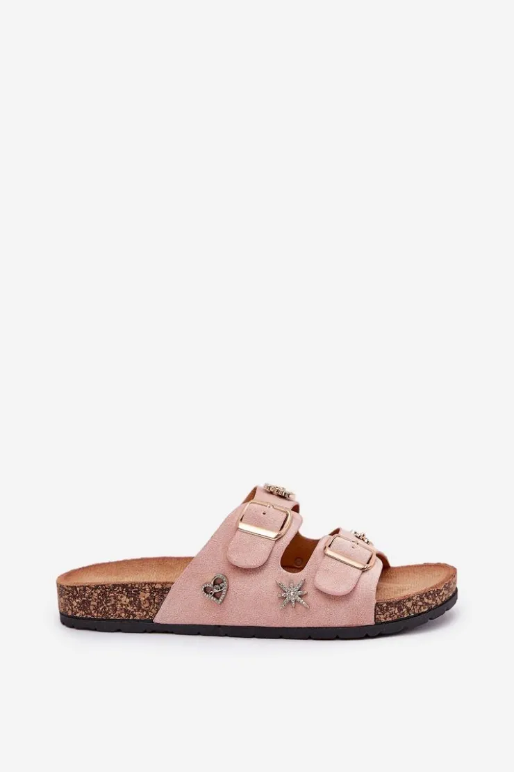 New Boto Klapki Damskie Na Korkowej Podeszwie Z Klamrami I Przypinkami Jasnoróżowe Efadelis Różowy