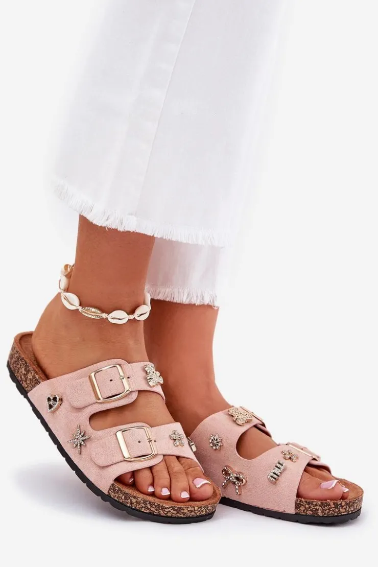 New Boto Klapki Damskie Na Korkowej Podeszwie Z Klamrami I Przypinkami Jasnoróżowe Efadelis Różowy