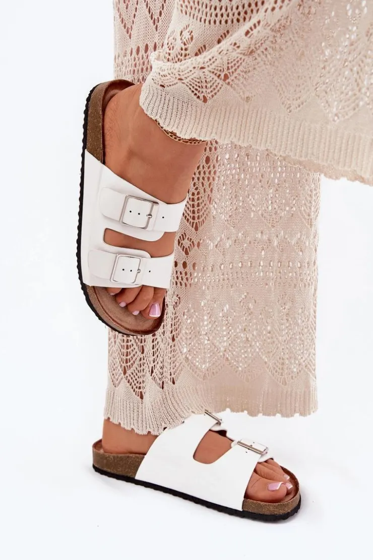 Boto Klapki Korkowe|Klapki Na Platformie*Klapki Damskie Na Korkowej Platformie Klamry Białe Evisolla Biały