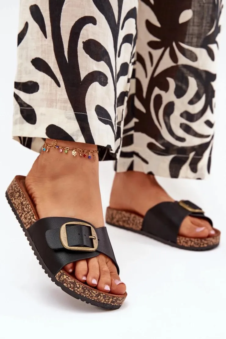 Discount Boto Klapki Damskie Na Korkowej Platformie Z Klamrą Czarne Vianara Czarny