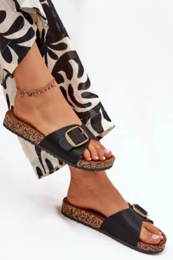 Discount Boto Klapki Damskie Na Korkowej Platformie Z Klamrą Czarne Vianara Czarny