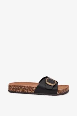 Discount Boto Klapki Damskie Na Korkowej Platformie Z Klamrą Czarne Vianara Czarny