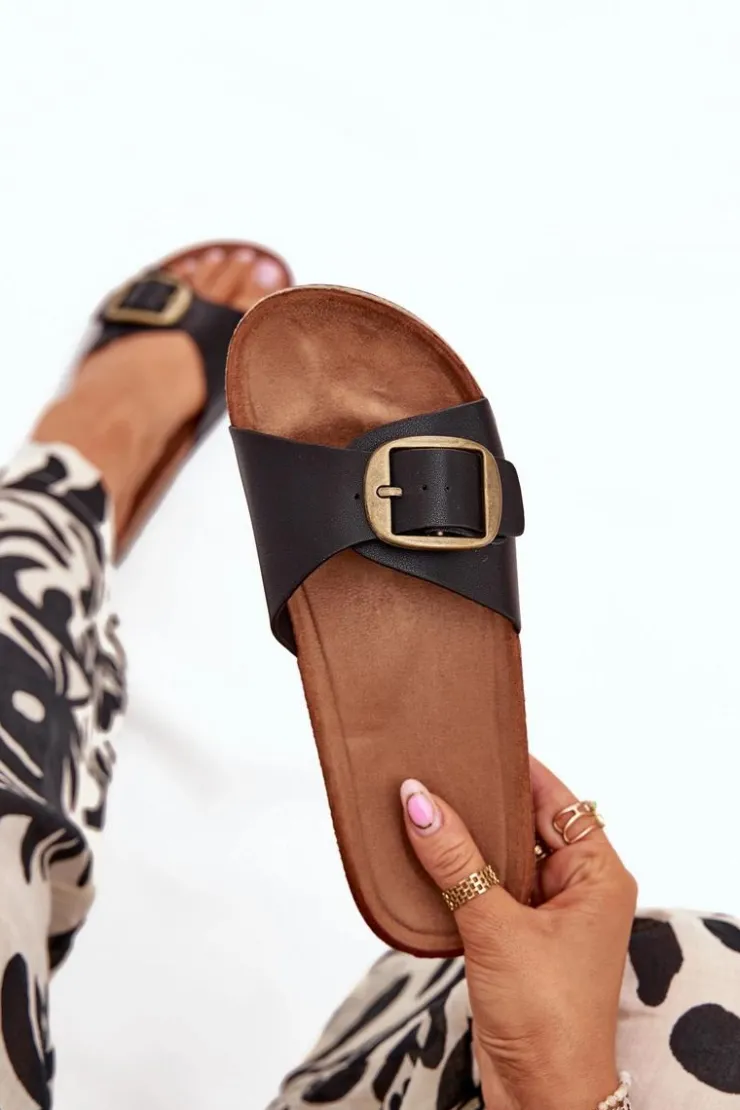 Discount Boto Klapki Damskie Na Korkowej Platformie Z Klamrą Czarne Vianara Czarny