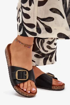 Discount Boto Klapki Damskie Na Korkowej Platformie Z Klamrą Czarne Vianara Czarny