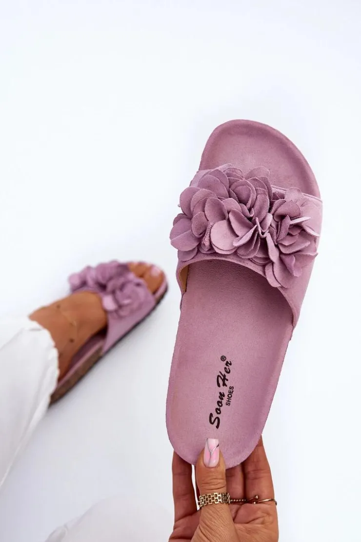 Damskie Boto Klapki Damskie Na Korkowej Platformie Z Eko Zamszu Fioletowe Jaihini