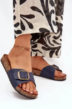 Damskie Boto Klapki Damskie Na Korkowej Platformie Z Klamrą Granatowe Vianara