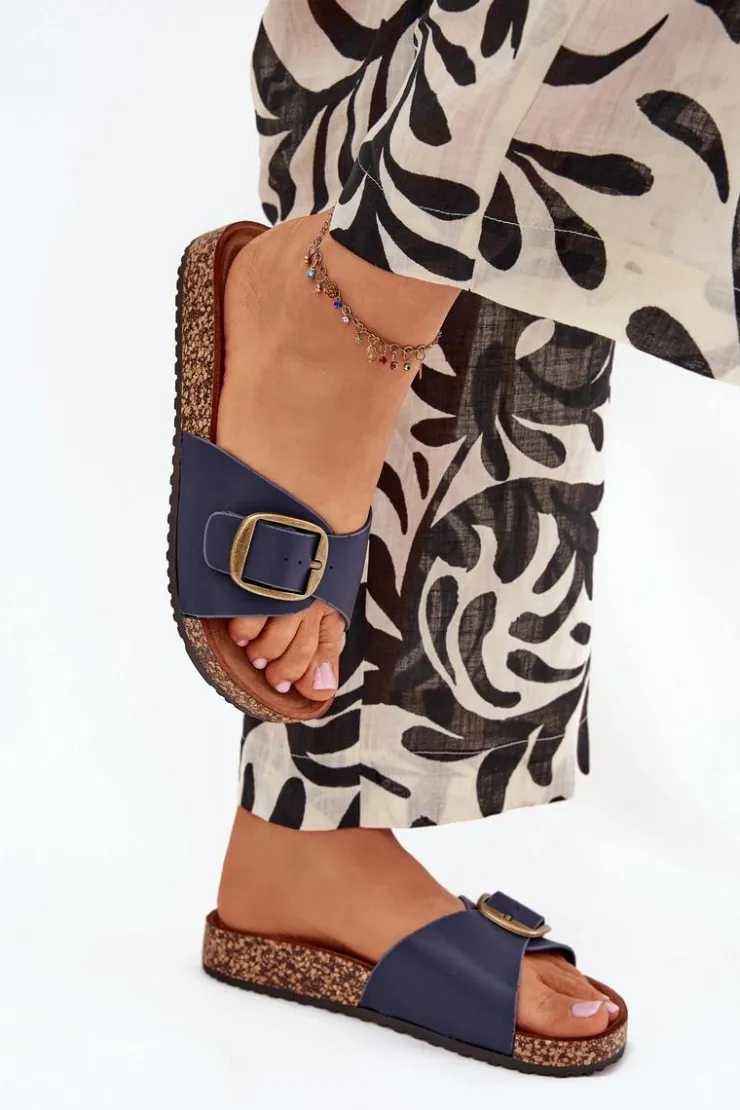 Damskie Boto Klapki Damskie Na Korkowej Platformie Z Klamrą Granatowe Vianara