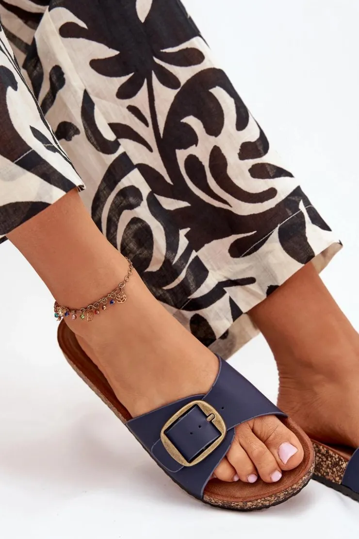 Damskie Boto Klapki Damskie Na Korkowej Platformie Z Klamrą Granatowe Vianara