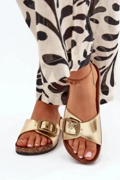 Damskie Boto Klapki Damskie Na Korkowej Platformie Z Klamrą Złote Vianara