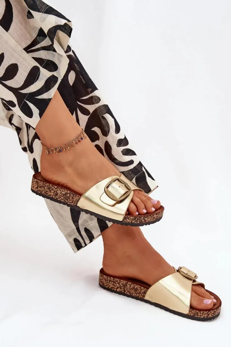 Damskie Boto Klapki Damskie Na Korkowej Platformie Z Klamrą Złote Vianara