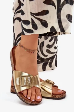 Damskie Boto Klapki Damskie Na Korkowej Platformie Z Klamrą Złote Vianara