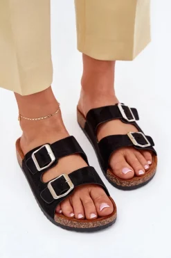 Damskie Boto Klapki Damskie Na Korkowej Platformie Z Klamrami Czarne Livara