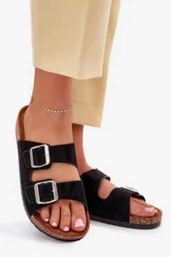 Damskie Boto Klapki Damskie Na Korkowej Platformie Z Klamrami Czarne Livara