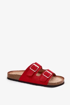 Hot Boto Klapki Damskie Na Korkowej Platformie Klamry Czerwone Evisolla