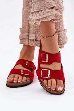 Hot Boto Klapki Damskie Na Korkowej Platformie Klamry Czerwone Evisolla