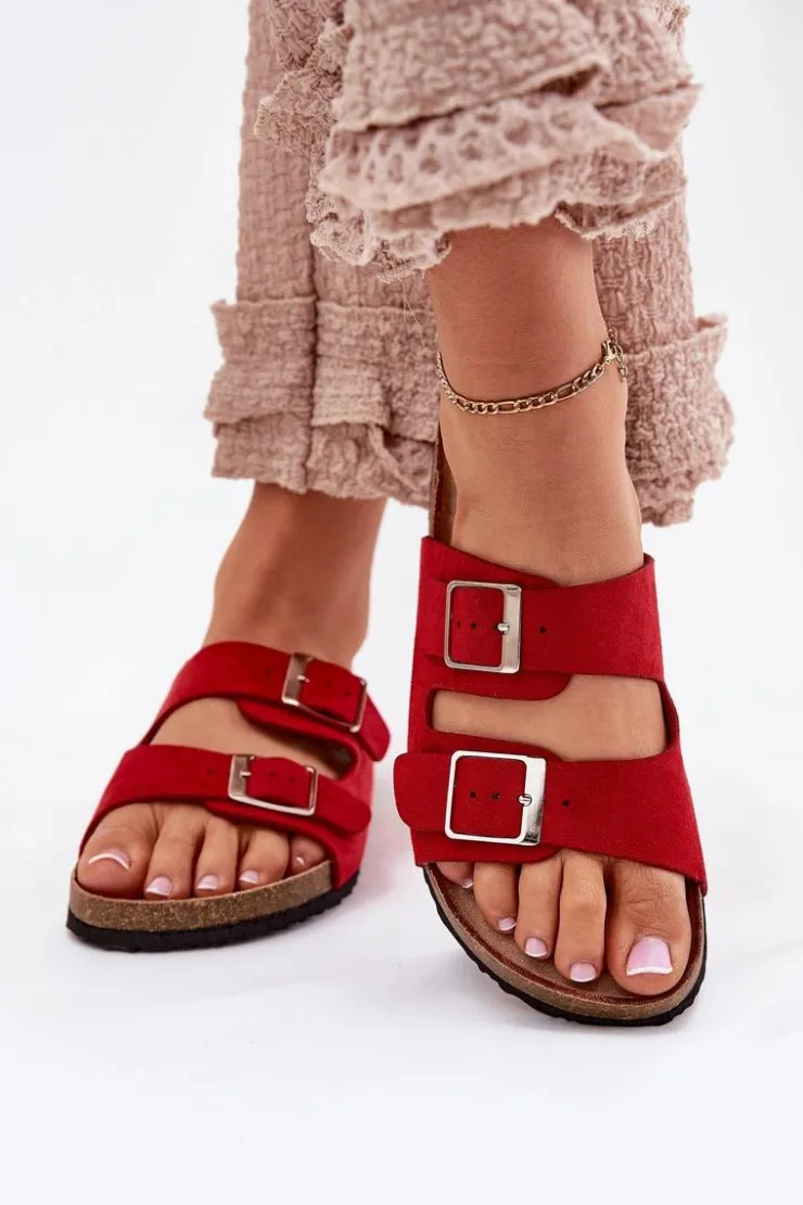 Hot Boto Klapki Damskie Na Korkowej Platformie Klamry Czerwone Evisolla