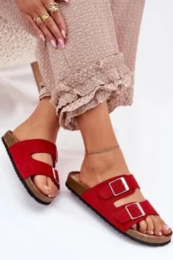 Hot Boto Klapki Damskie Na Korkowej Platformie Klamry Czerwone Evisolla