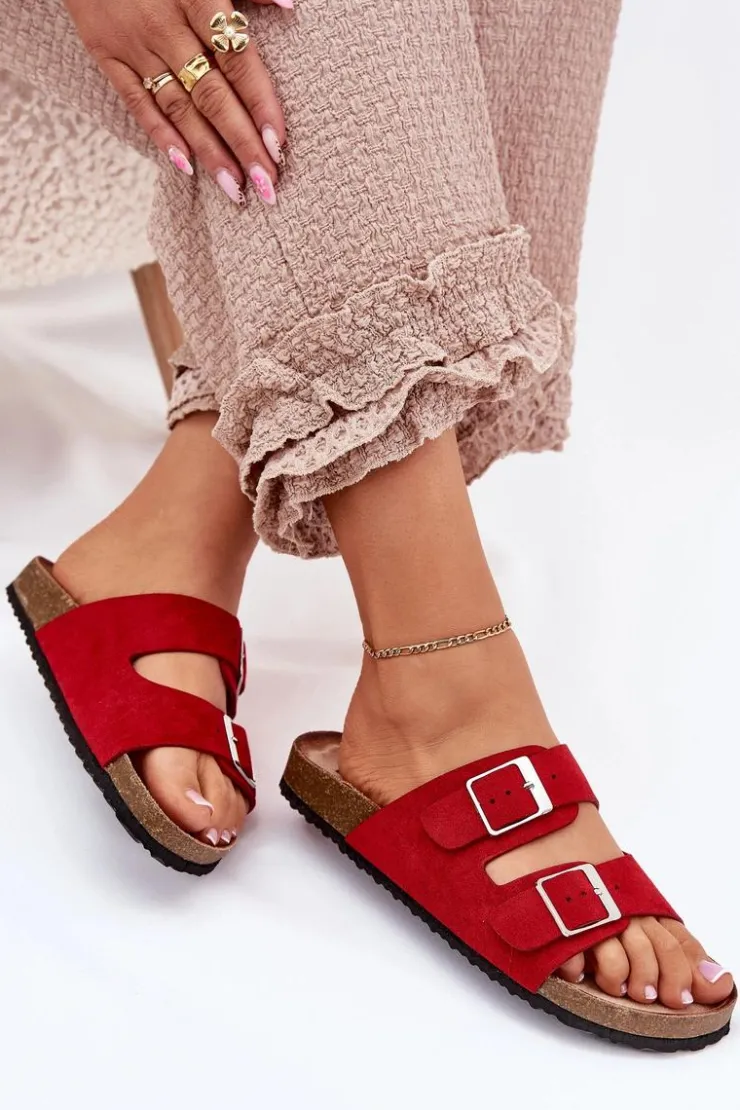 Hot Boto Klapki Damskie Na Korkowej Platformie Klamry Czerwone Evisolla