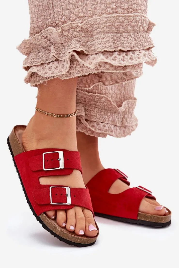 Hot Boto Klapki Damskie Na Korkowej Platformie Klamry Czerwone Evisolla