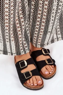 Online Boto Klapki Damskie Na Korkowej Platformie Ze Złotymi Klamrami Czarne Lisavionea Czarny