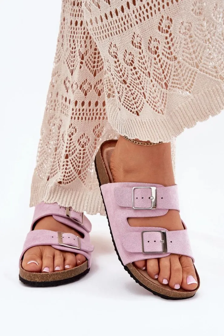 Damskie Boto Klapki Damskie Na Korkowej Platformie Klamry Lawendowe Evisolla