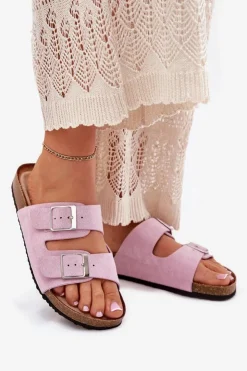 Damskie Boto Klapki Damskie Na Korkowej Platformie Klamry Lawendowe Evisolla