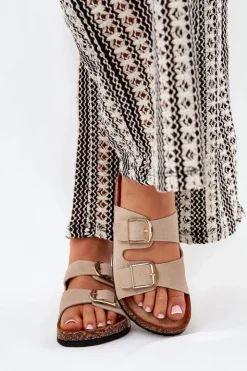 Online Boto Klapki Damskie Na Korkowej Platformie Ze Złotymi Klamrami Beżowe Lisavionea