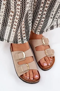 Online Boto Klapki Damskie Na Korkowej Platformie Ze Złotymi Klamrami Beżowe Lisavionea