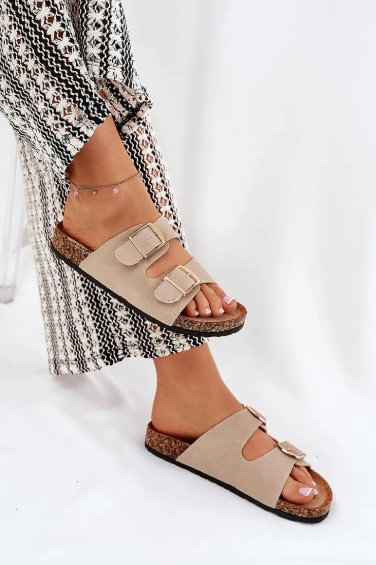 Online Boto Klapki Damskie Na Korkowej Platformie Ze Złotymi Klamrami Beżowe Lisavionea