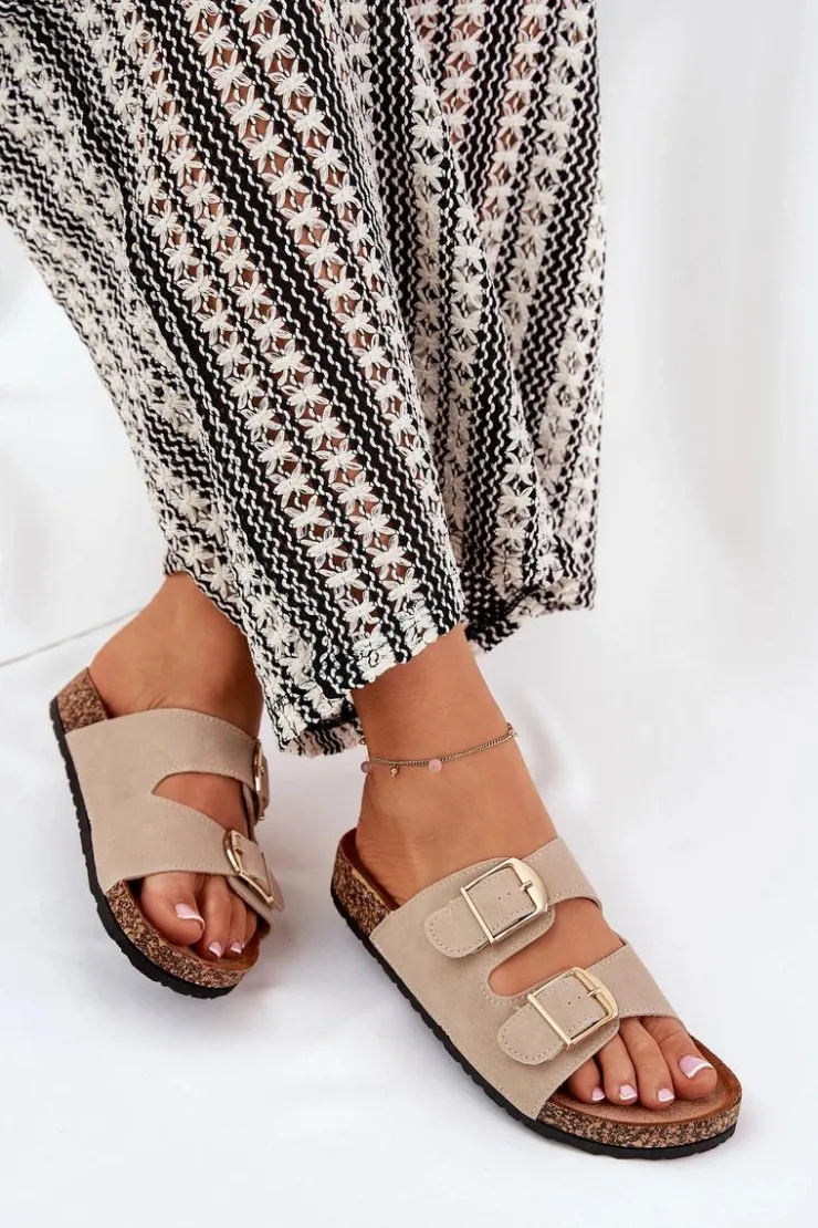 Online Boto Klapki Damskie Na Korkowej Platformie Ze Złotymi Klamrami Beżowe Lisavionea