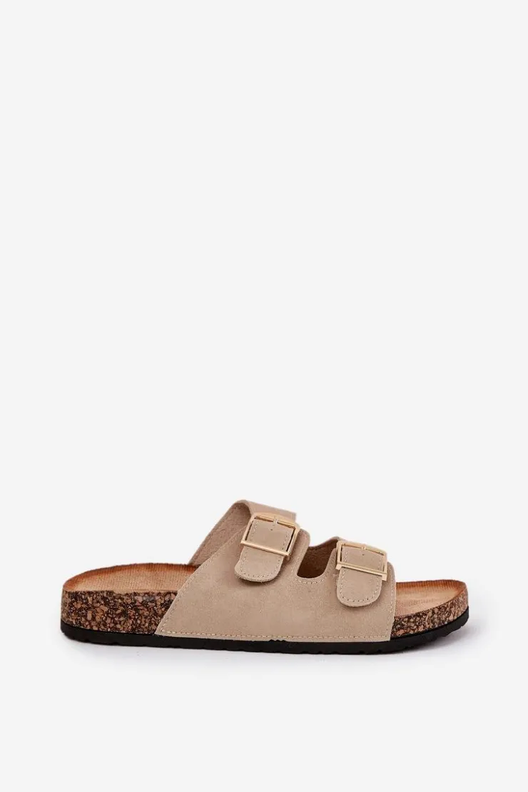 Online Boto Klapki Damskie Na Korkowej Platformie Ze Złotymi Klamrami Beżowe Lisavionea