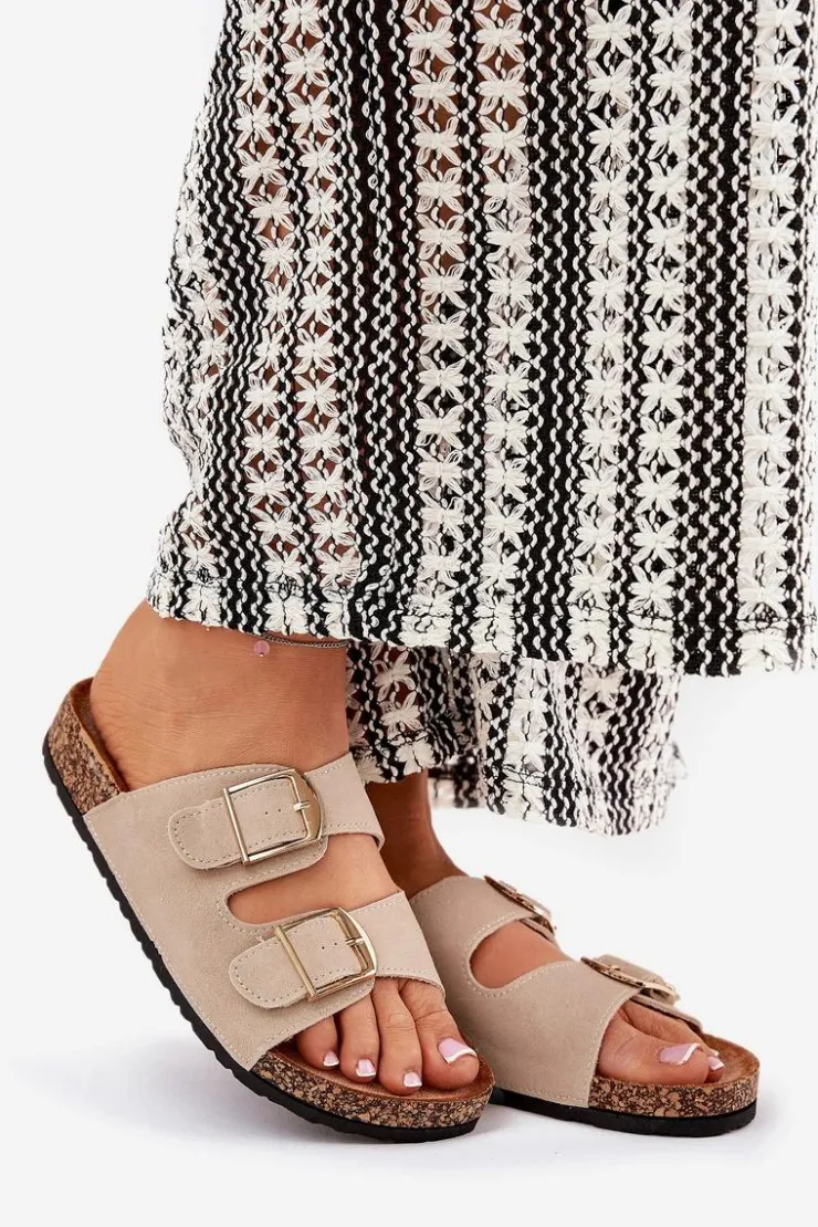 Online Boto Klapki Damskie Na Korkowej Platformie Ze Złotymi Klamrami Beżowe Lisavionea