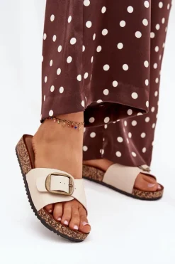 Sale Boto Klapki Damskie Na Korkowej Platformie Z Klamrą Beżowe Vianara Beżowy