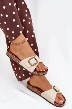 Sale Boto Klapki Damskie Na Korkowej Platformie Z Klamrą Beżowe Vianara Beżowy