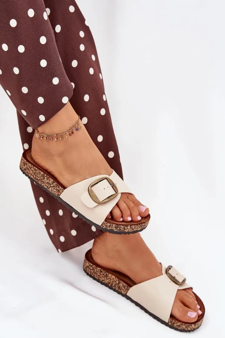 Sale Boto Klapki Damskie Na Korkowej Platformie Z Klamrą Beżowe Vianara Beżowy