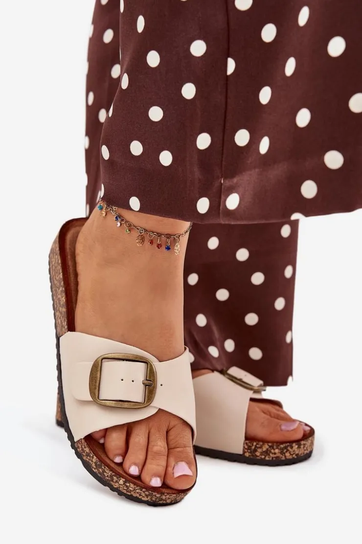 Sale Boto Klapki Damskie Na Korkowej Platformie Z Klamrą Beżowe Vianara Beżowy