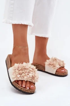 Outlet Boto Klapki Damskie Na Korkowej Podeszwie Z Ozdobnymi Kwiatkami Beżowe Seleneza