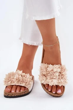 Outlet Boto Klapki Damskie Na Korkowej Podeszwie Z Ozdobnymi Kwiatkami Beżowe Seleneza