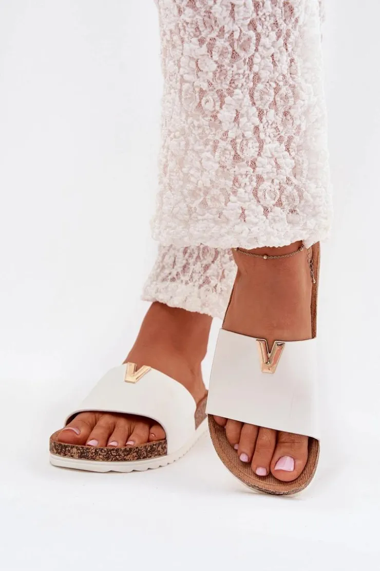 Outlet Boto Klapki Damskie Na Korkowej Platformie Z Ozdobnym Detalem Białe Vessira