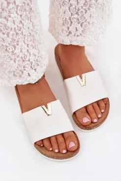 Outlet Boto Klapki Damskie Na Korkowej Platformie Z Ozdobnym Detalem Białe Vessira