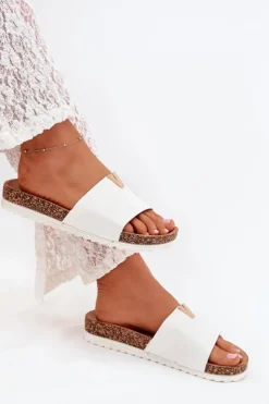 Outlet Boto Klapki Damskie Na Korkowej Platformie Z Ozdobnym Detalem Białe Vessira